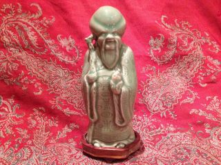 Rare Chinese Qing Dynasty Celadon Porcelain Immoral Figure Shou Lao Fitted Stand