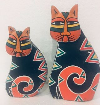 Set Of 2 Folk Art Hand Carved Hand Painted Wood Cat Figures Bold Bright Colors