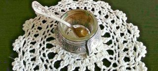 Vintage Silver/glass Open Salt Cellar With A Spoon