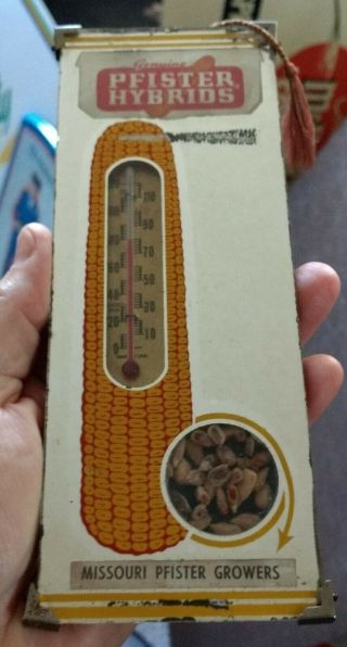 1950s Pfister Hybrids " Corn Cob " Mirror Thermometer Sign.  Missouri