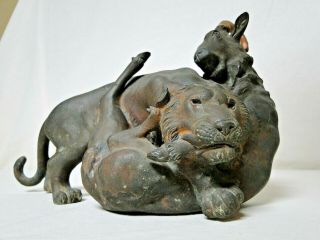 Genryusai Seiya Tiger And Goat Cast Bronze Sculpture Meiji Period 1868 - 1912