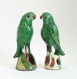 Two Antique Chinese 18th / 19th Century Green Glazed Pottery Parrots
