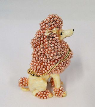 Poodle Pink Sitting Dog Enamel Medium Trinket Box Austrian Crystals Faux Pearls