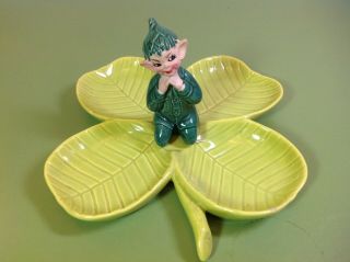 Vintage 1951 Gilner California Art Pottery Pixie Elf - 4 - Leaf Clover Candy Dish