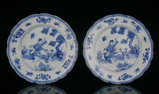 Fine Pair Antique Chinese Blue And White Porcelain Moulded Fluted Plates 18th C
