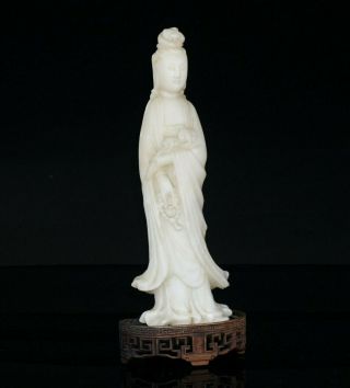 Antique Chinese Soapstone Carving Immortal Kwan - Yin With Wooden Stand 19th C