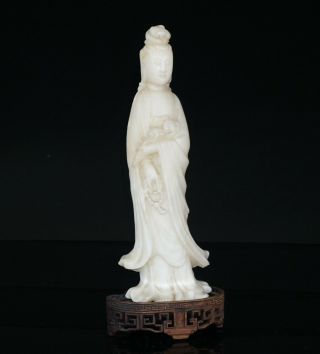 Antique Chinese Soapstone Carving Immortal Kwan - Yin with Wooden Stand 19th C 3