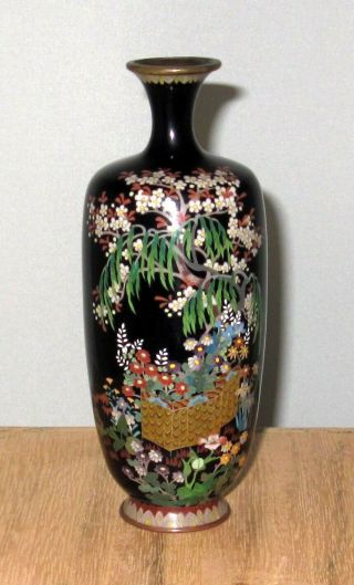 Very Fine Japanese Cloisonne Silver Wire Enamel Vase W/ Garden Scene