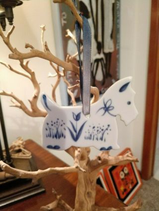 Vtg Russ Berrie Porcelain Delft Blue White Terrier Dog Floral Ornament Ribbon