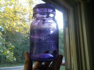 Keystone Trade Mark Registered Amethyst Purple Quart Fruit Jar With Lid 1890s