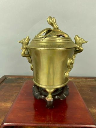 19th/20th Xuande Marked Chinese Gilt Bronze Tripod Incense Burner And Cover
