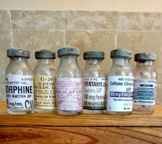6 Vtg.  Old Medicine Bottle Hand Crafted,  Inj Vials,  Heroin.  Cocaine,  Fentanyl,  Morphi