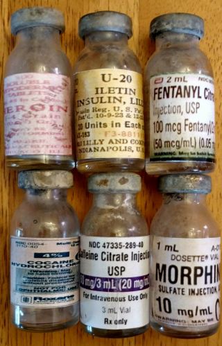 6 Vtg.  Old Medicine Bottle Hand Crafted,  Inj Vials,  Heroin.  Cocaine,  Fentanyl,  Morphi 2