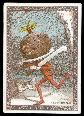 T60 - Anthropomorphic Plum Pudding & Dog - Goodall - Victorian Year Card