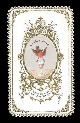 T46 - Robin On Wine Glass Chromo - A Merry Toper - Goodall - Victorian Xmas Card