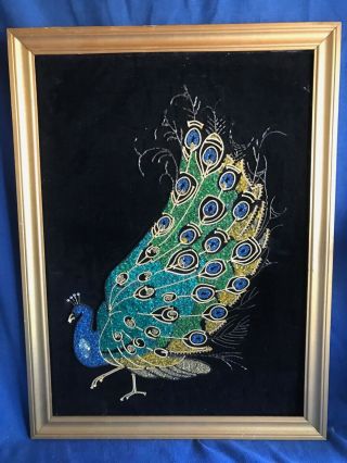 Vintage Black Velvet Jeweled Gravel Art Mid Century Modern Peacock Wall Hanging