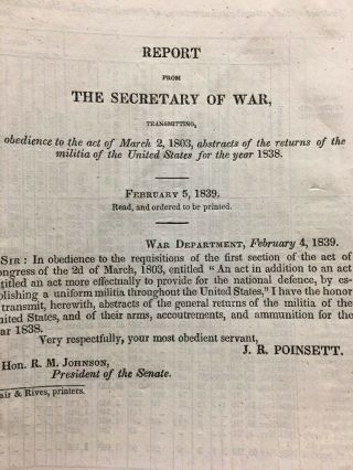1838 Secretary Of War Report State Militia Ammunition Guns Supplies,