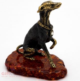 Solid Brass Amber Figurine Of Italian Greyhound Dog Ironwork