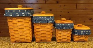 Longaberger 1997 Basket Canister Set With Blue Print Material And Plastic Liners