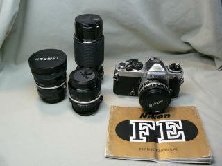 Vintage Nikon Fe 35mm Camera & Four Lenses Parts
