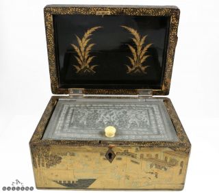 Antique Chinese Canton Gilt & Lacquer Tea Caddy,  Pewter Liner C.  1860