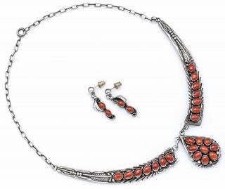 Vintage Sterling Silver Red Coral Necklace & Dangle Earrings Set 38.  8g