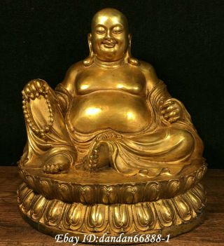 Chinese Buddhism Old Copper Bronze Gilt Smile Maitreya Buddha Sit Buddha Statue