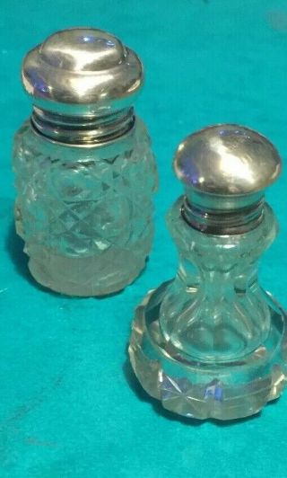Two Small Hallmarked Silver Topped Cut Glass Perfume/vanity Bottles 1901 - 1902.