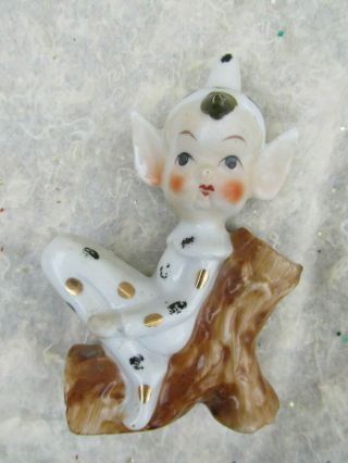 Vintage Small Ceramic Elf Figurine Leaning On Tree Trunk Japan