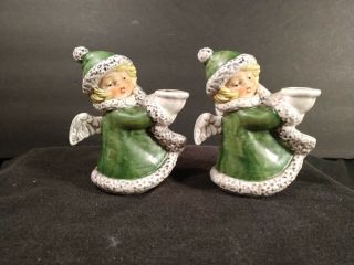 Vintage Set Of 2 Green Angel Small Candle Holders By Goebel From West Germany (1