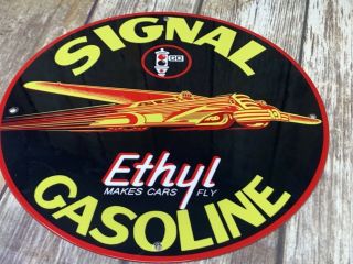 Vintage Signal Ethyl Gasoline W/ Car 11 3/4 " Porcelain Metal Gas & Oil Sign Nr