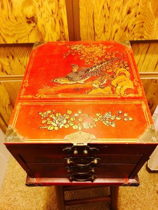 Vintage Chinese Make Up Jewelry Box With 3 Drawers Built In Mirrors