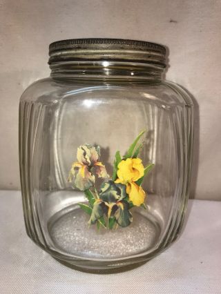 Vtg 1930 - 40’s Retro Clear Glass Square 10 Cup Cookie Dog Treat Jar W/ Iris Decal