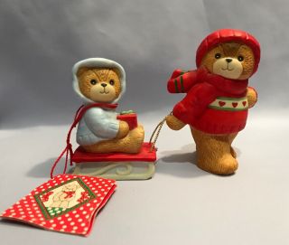 Lucy And Me Christmas Bears Red Hat Boy Pulling Sled Signed Enesco 1983 G2