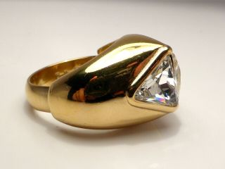 Fine Chunky Christian Dior Gold Plated & Clear Crystal Ring Uk Size M 11.  7g