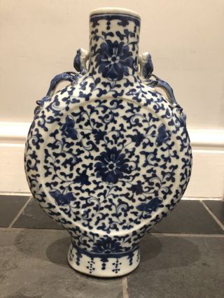 Antique 19th Century Chinese Blue And White Porcelain Moon Flask Floral