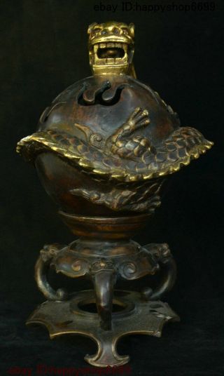 Old Chinese Bronze Gilt Lion Beast Head Dragons Loong Ball Incense Burner Censer