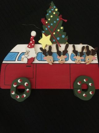 Vintage Emgee Hawaii Wooden Christmas Ornament Santa In Van With Reindeer & Tree