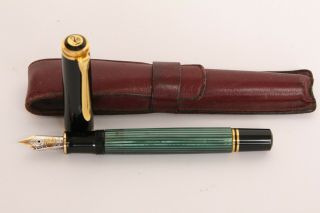 Vintage Pelikan W.  Germany Fountain Pen Green Body 14c - 585 F Nib & Leather Case