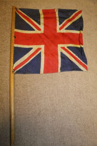 Pre To Early Ww2 Era British  Jack  Silk Hand Flag On Wood Pole