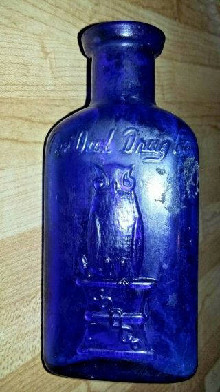 Antique The Owl Drug Co Cobalt Blue Triangular Poison Bottle 3 - 7/8 " 2 Wing
