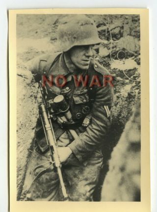Wwii German War Photo Soldier W Helmet,  Granade & Mg Mp - 40 In Action