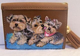 Yorkie Hand Painted Leather Card Wallet With Tassel And Charms