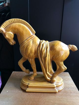 Vintage Trojan Horse Statue Ceramic Porcelain Glazed Golden Yellow 12 Inch 50 