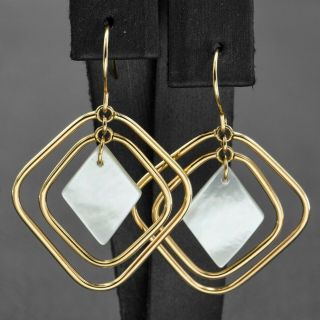Vintage 14k Yellow Gold Mother Of Pearl Geometrical Dangle Earrings 39.  0x27.  5mm