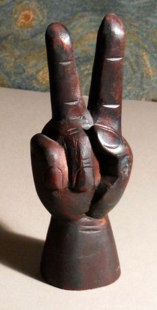 Vintage 1960s 1970s Hand Carved Wood Peace Sign Hand 6 "