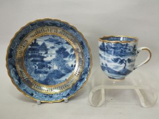 (9) Chinese Porcelain Cup & Saucer With Blue Landscape And Bright Gilding 18thc