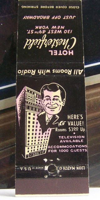 Rare Vintage Matchbook Cover R3 York City Off Broadway Hotel Chesterfield