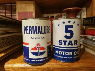 2 Old Quart Oil Cans American Oil Co Permalube And Delta Oil Orleans 5 Star