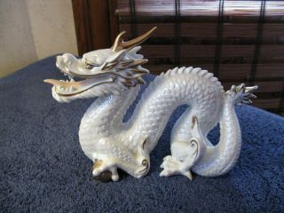 Vtg Ceramic Prosperity Dragon Statue 8 " Gold And White Wingless Chinese
